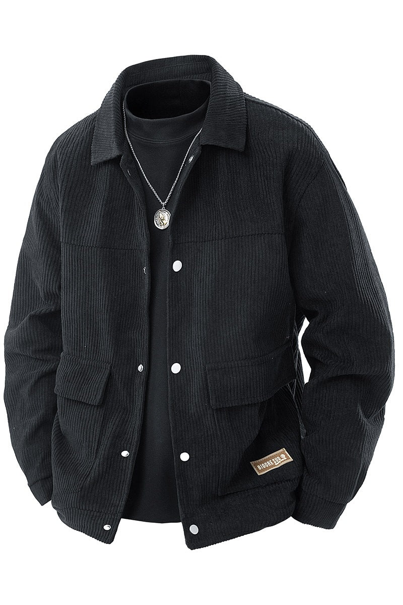 Black men's shirt jacket with button front, stand collar, chest pocket, flap side pockets.