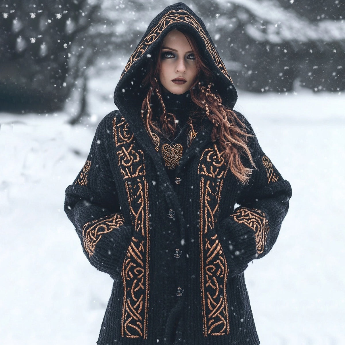 Hooded black knitted cardigan with orange geometric embroidery and button details