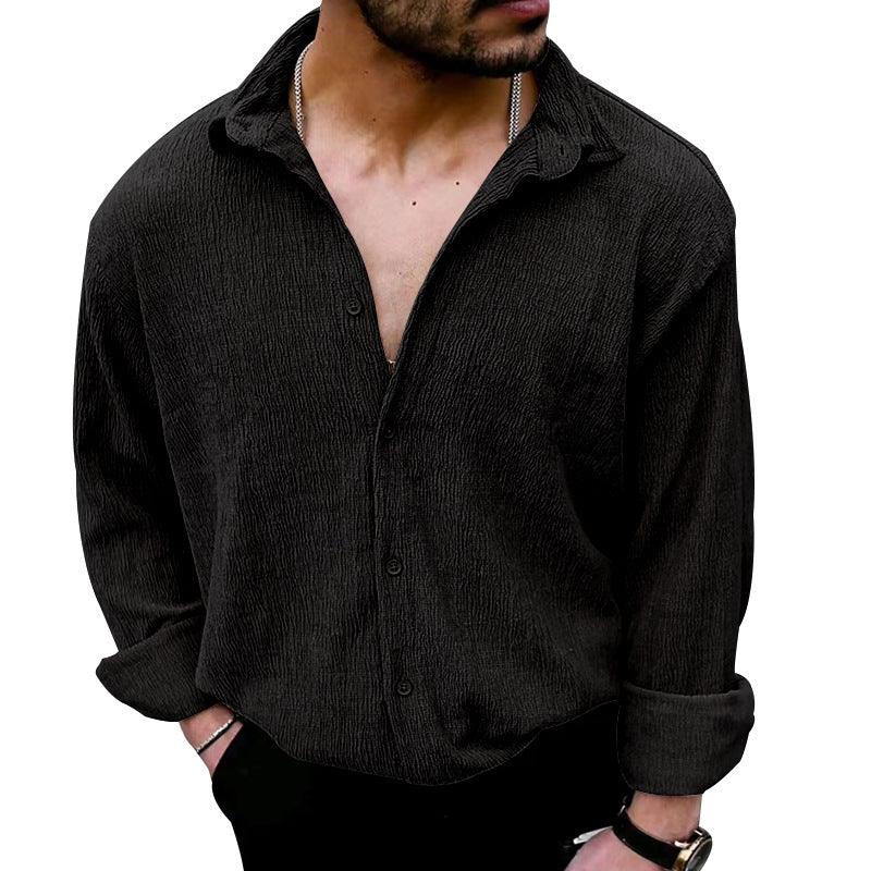 Men's wrinkle chambray cardigan shirt with lapel, black