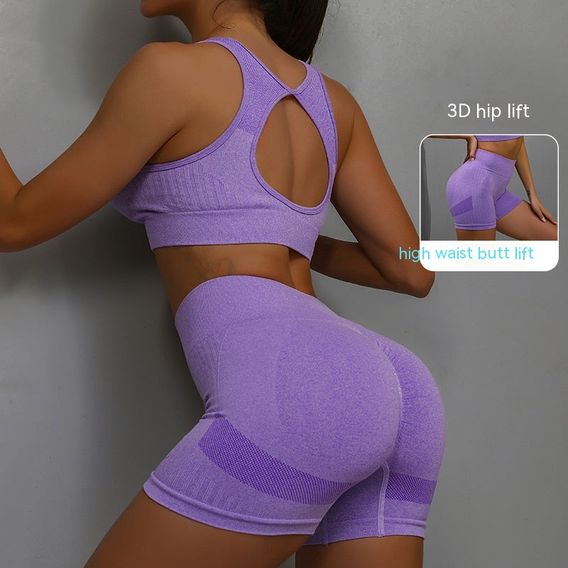Purple sports bra and high-waist shorts set, racerback, textured seamless design