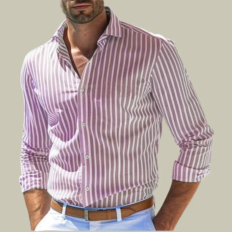 Men's long-sleeve button-down shirt with vertical purple and white stripes
