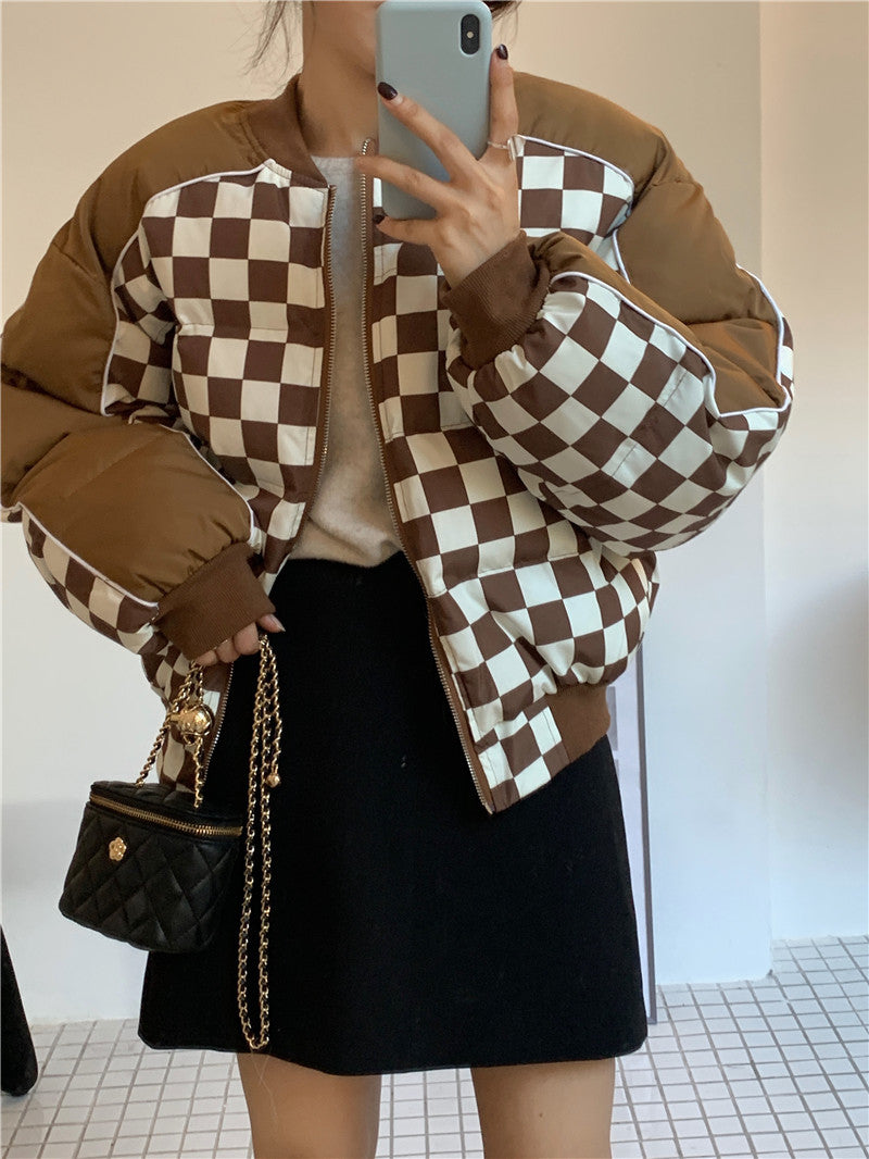 Color Checkerboard Casual Padded Jacket - WOMONA.COM