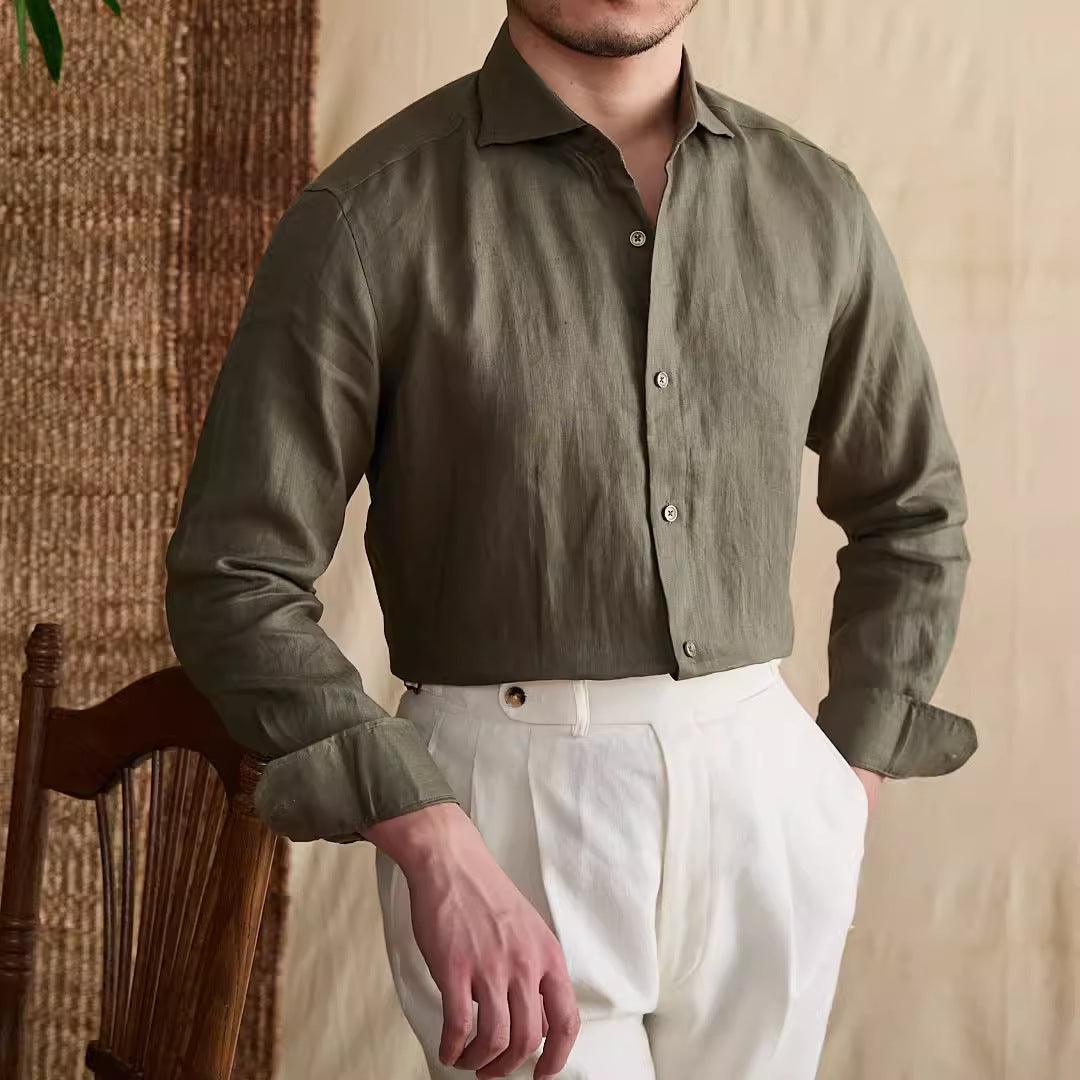 Olive long sleeve button-up shirt with pointed collar and buttoned front placket