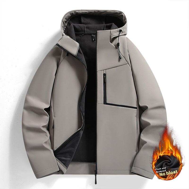 Men's warm fleece-lined jacket in light gray, zip front, adjustable drawstring hood