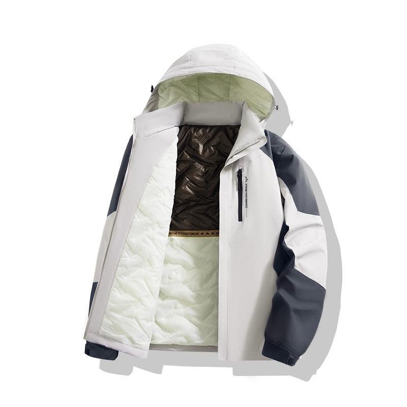 Hooded padded coat in white with front zipper and quilted lining showing