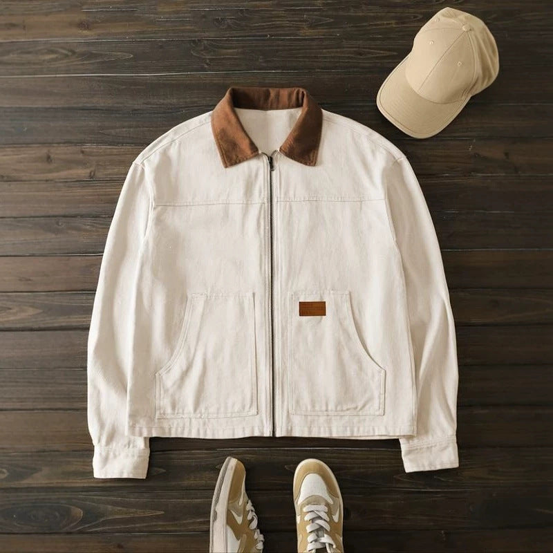 Men's casual jacket in off-white with brown collar, full-zip front and chest pocket