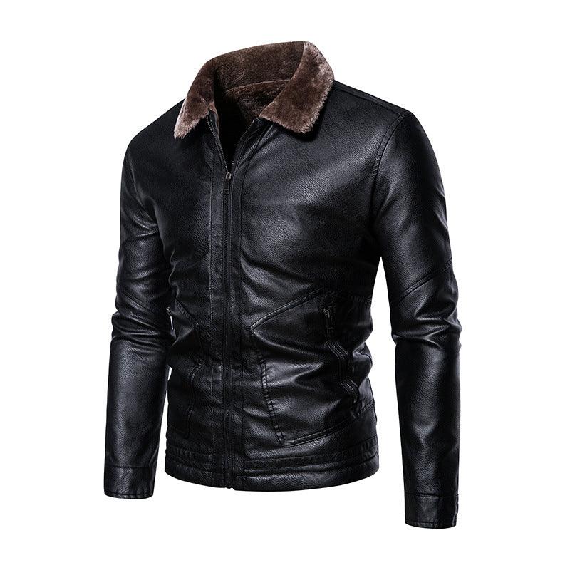 Black leather zip-up jacket with shearling-trim lapel and front pockets