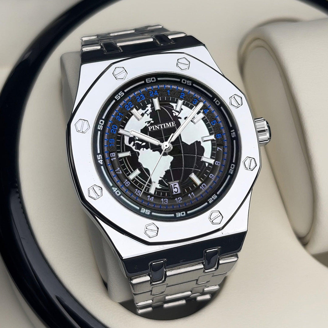 Silver metal bracelet waterproof watch with black dial, luminous markers, and date window