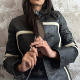 Color Contrast Patchwork Loose Zip Leather Coat Women - WOMONA.COM