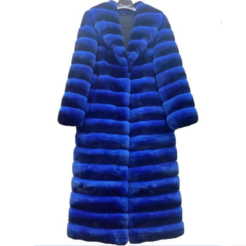 Blue faux fur jacket with standing collar, horizontal stripe panels, zip-front style