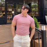 Lapel Solid Color Stretch Slim Fit Short Sleeve Fitness Suit For Men - WOMONA.COM