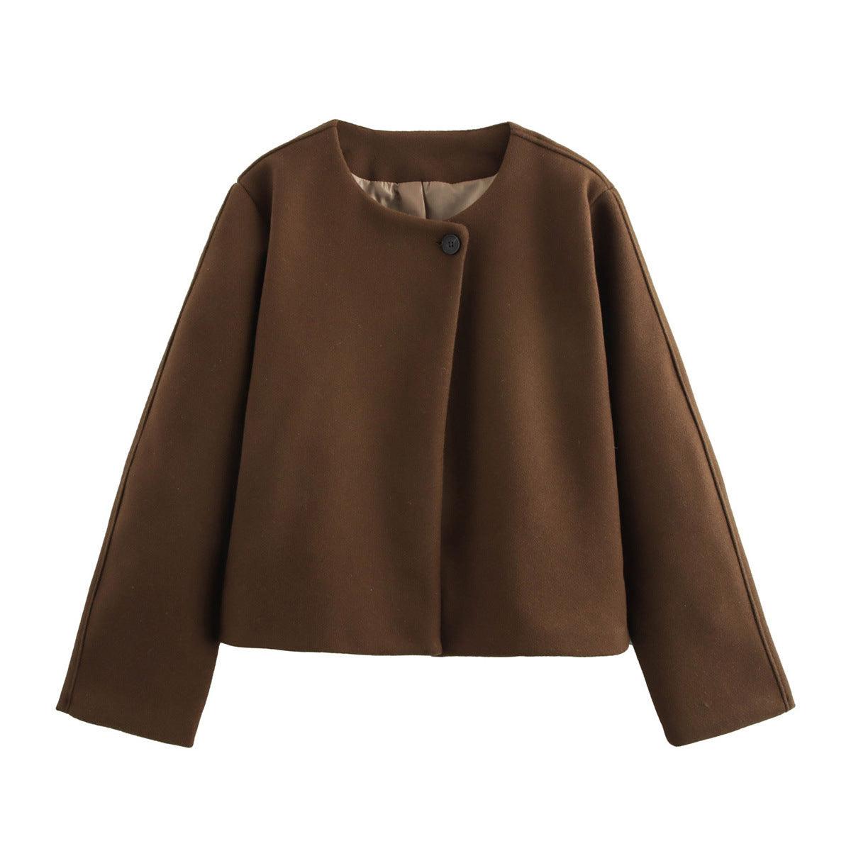 Women's brown padded wool coat with square neck, button front, long sleeves