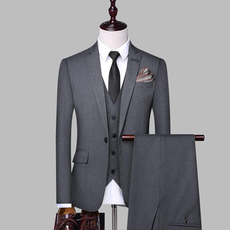 Men's 3-piece gray suit set: blazer, vest, and matching trousers