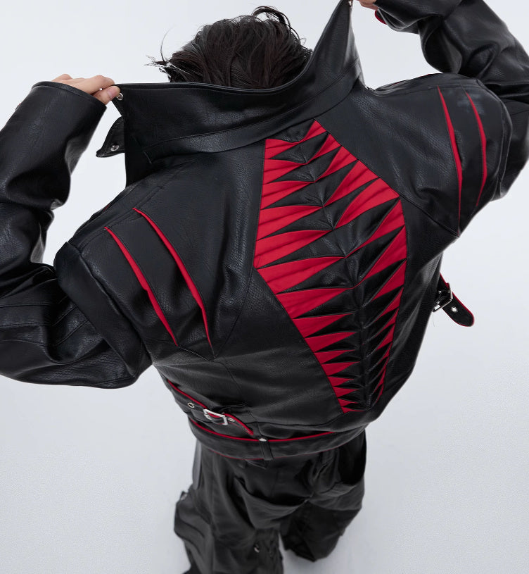 Backbone Pleated Design Sense Short Leather Jacket - WOMONA.COM