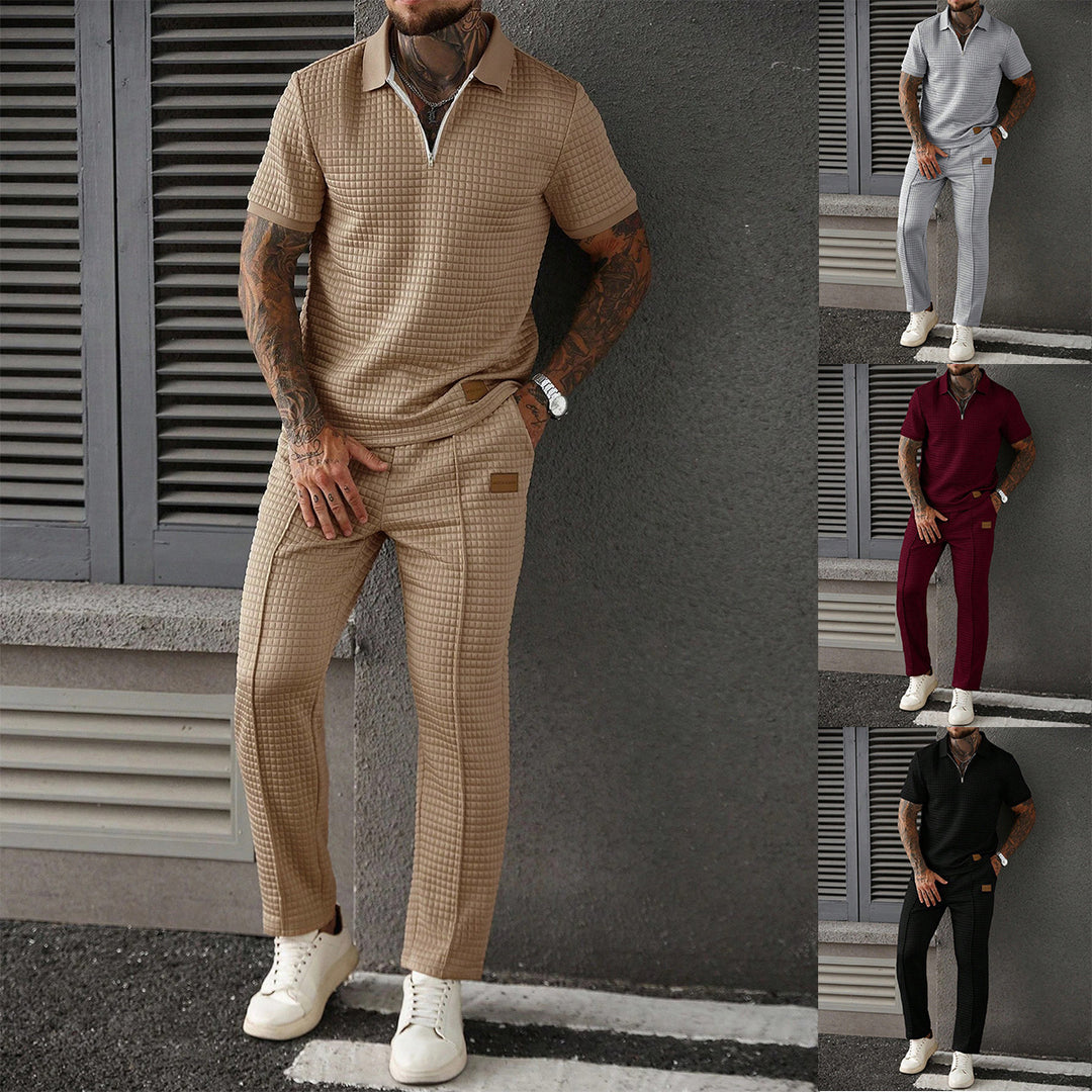 Men's half-zip polo shirt and pants set in khaki with short sleeves and drawstring waist.