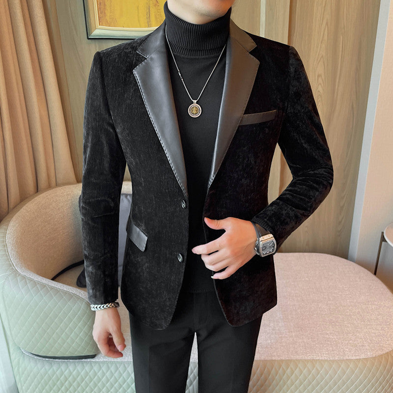 Men's patchwork leather velvet blazer, black with contrast panels