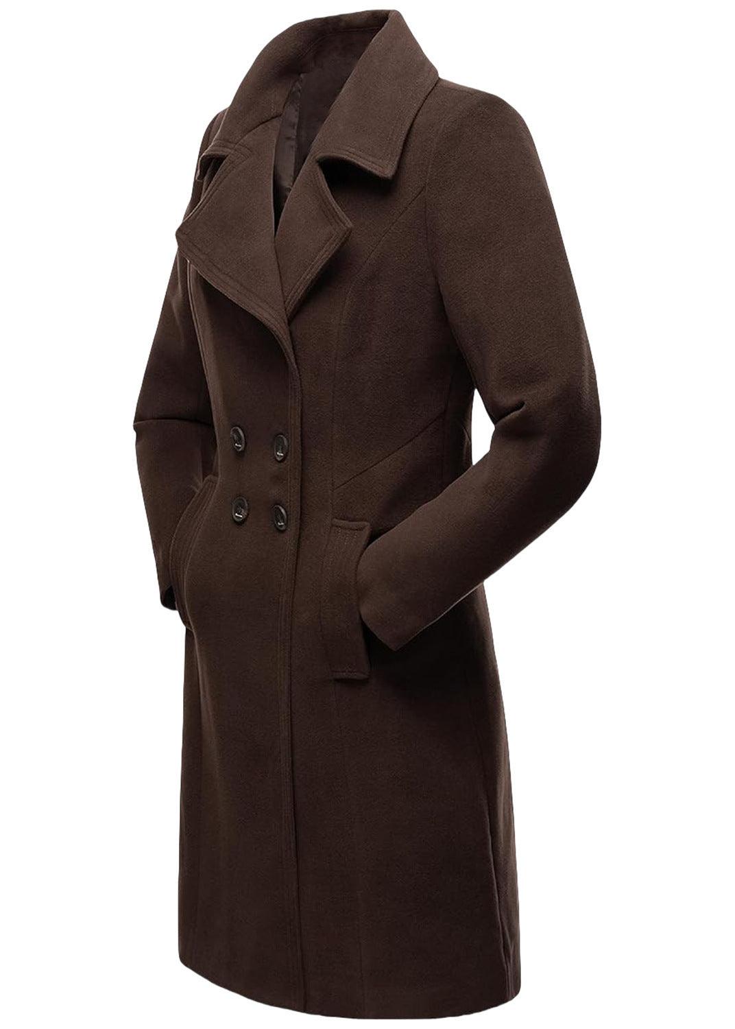 Dark brown long wool women’s coat with wide lapels, double-breasted buttons, flap pockets.