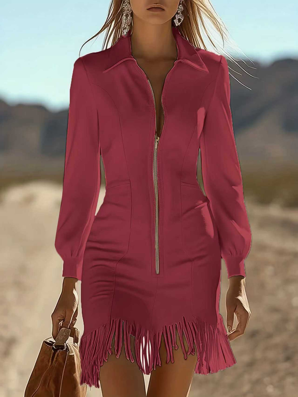 Women's collared zip-front fringe dress