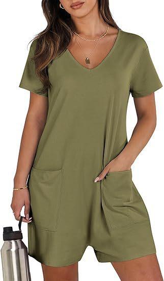 V-neck short-sleeve jumpsuit in olive green with side pockets and relaxed shorts cut