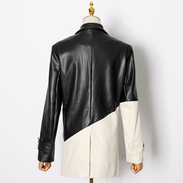 Ladies Loose Stitching PU Leather Suit Jacket - WOMONA.COM