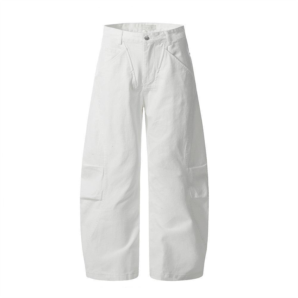 White wide-leg pants with elastic waistband, front fly, and side pockets