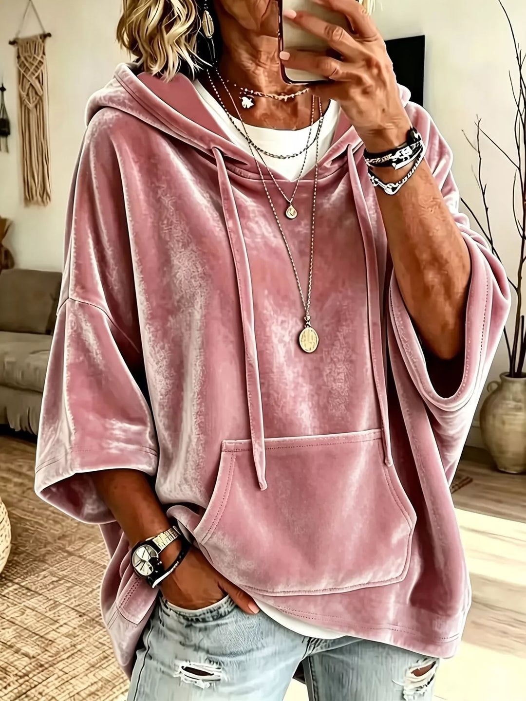 Women's Velvet 3/4 Sleeve Hoodie with Kangaroo Pocket – Plus Size