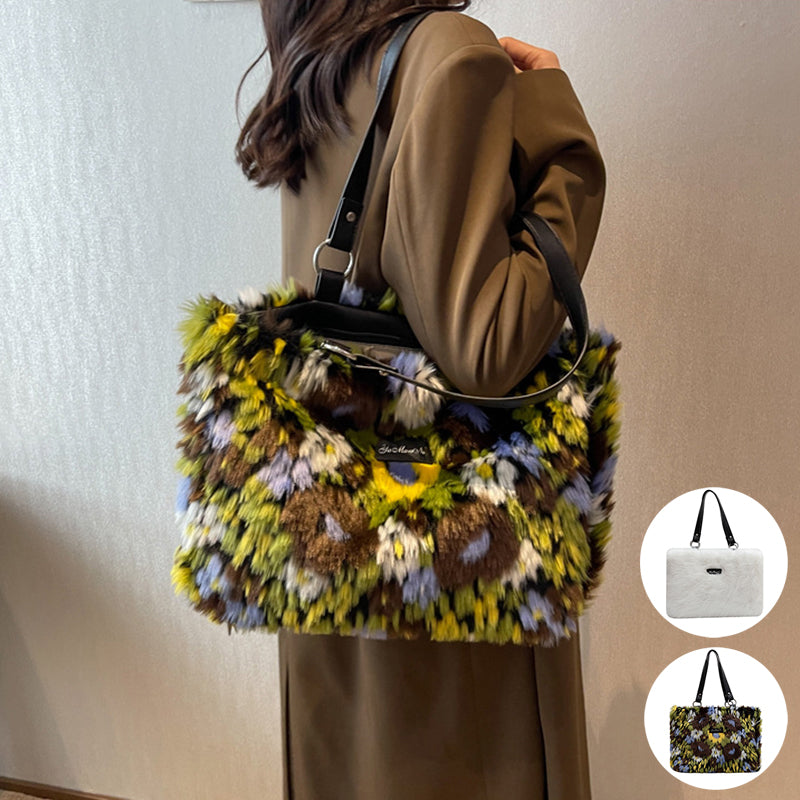 Winter Plush Bags Women Flowers Shoulder Bag Handbag - WOMONA.COM