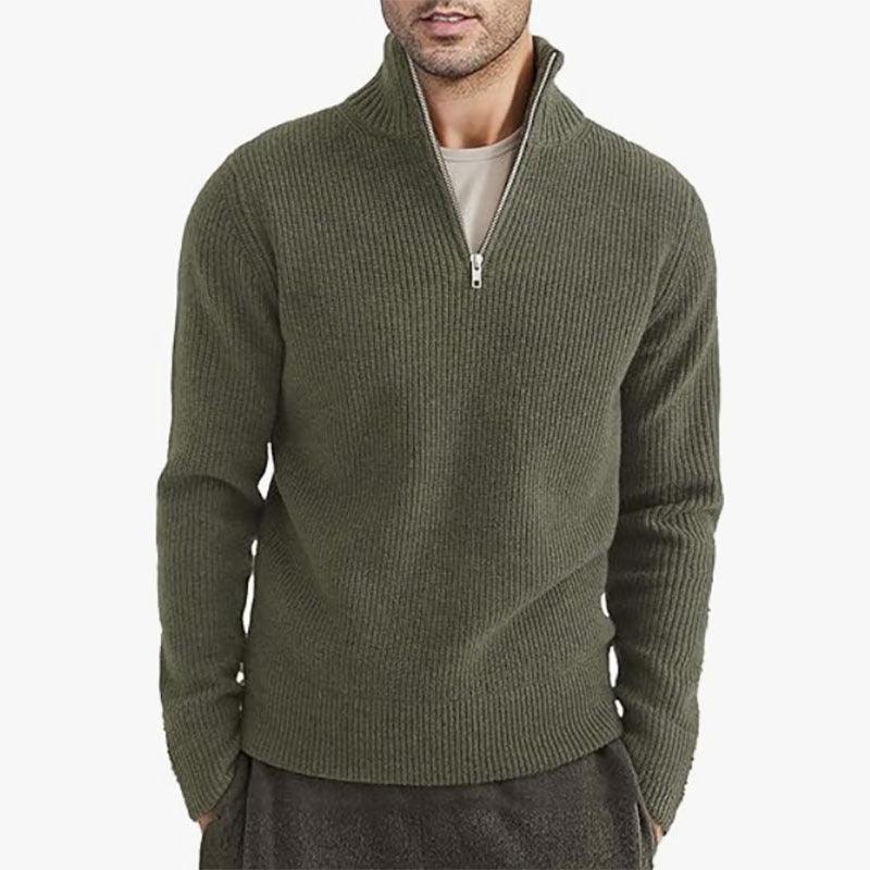 Olive green half-zip knit sweater with stand collar and long sleeves