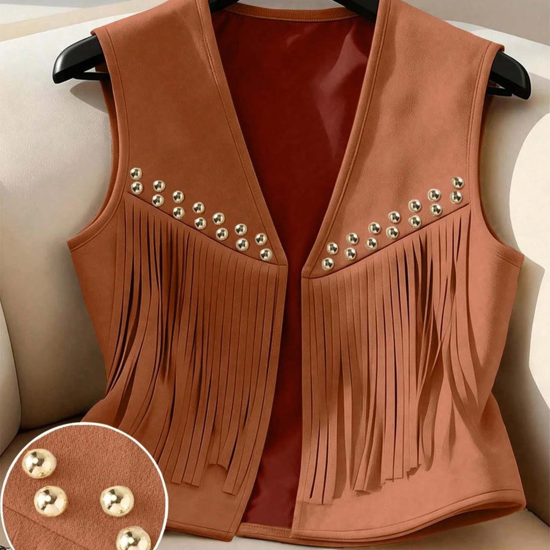Women’s suede-look vest with gold studs and long fringe tassels, brown caramel color