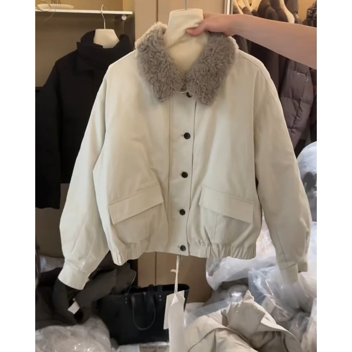 Women's Cropped Plush-Collar Padded Jacket, Apricot - product view 4