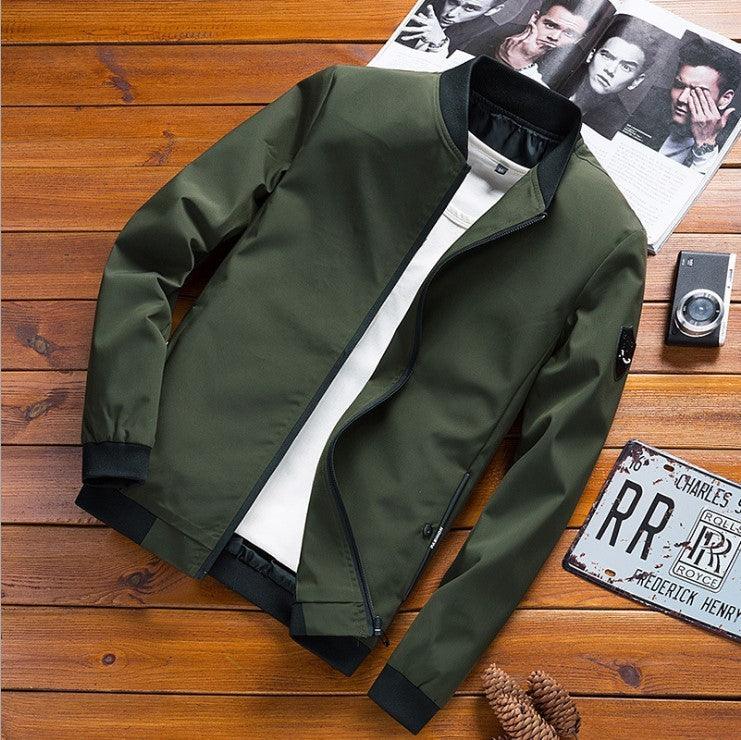 Men's slim-fit army green coat jacket with front zipper and stand collar