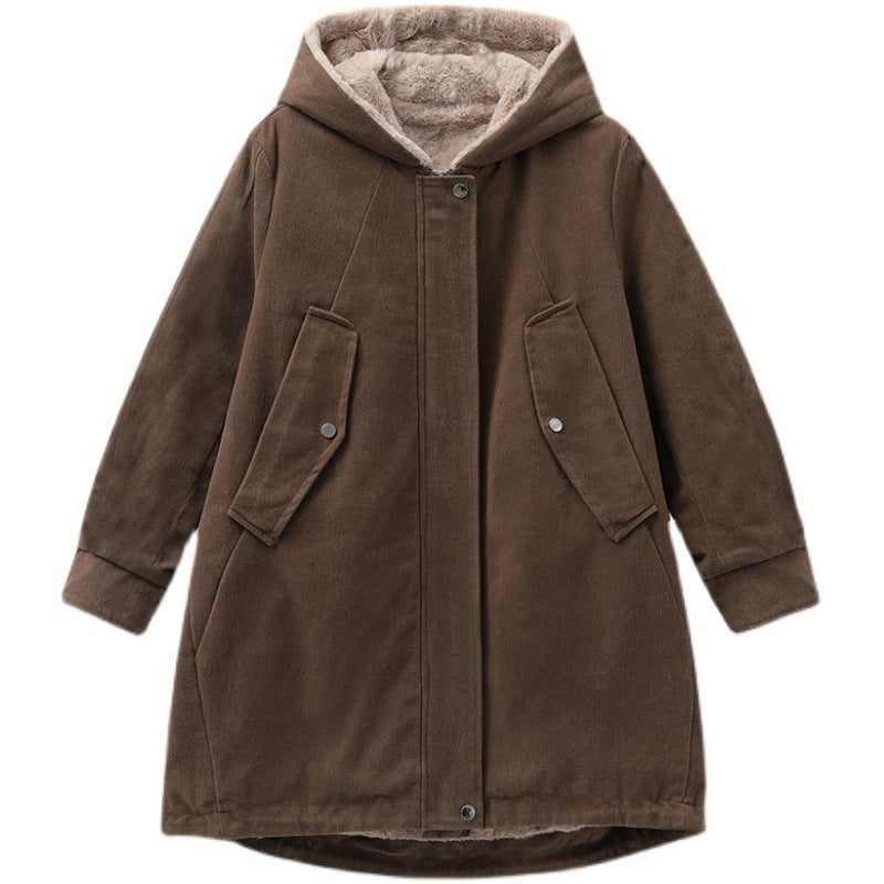 Fleece-lined Thick Hooded Parka Mid-length Long Sleeve Zipper