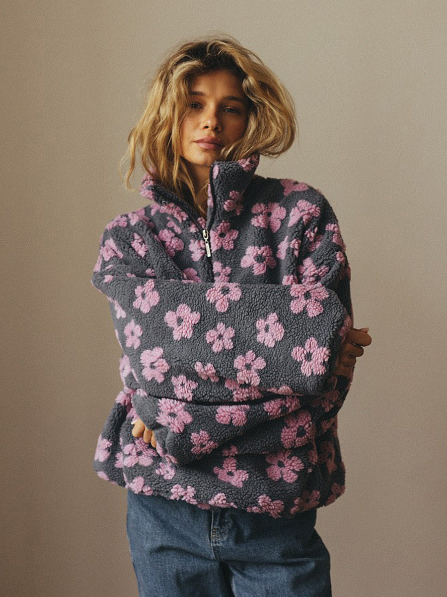 Women's floral zip-neck pocket sweatshirt