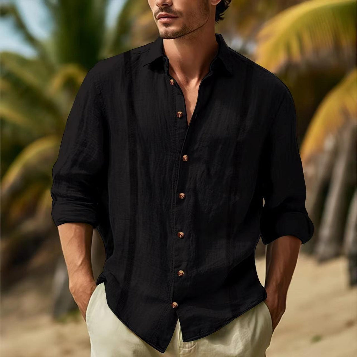 Men's long-sleeve button-up shirt, black, open collar with button placket
