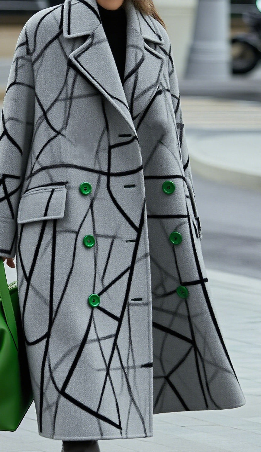 Women's long coat, light gray with black geometric lines and green button details