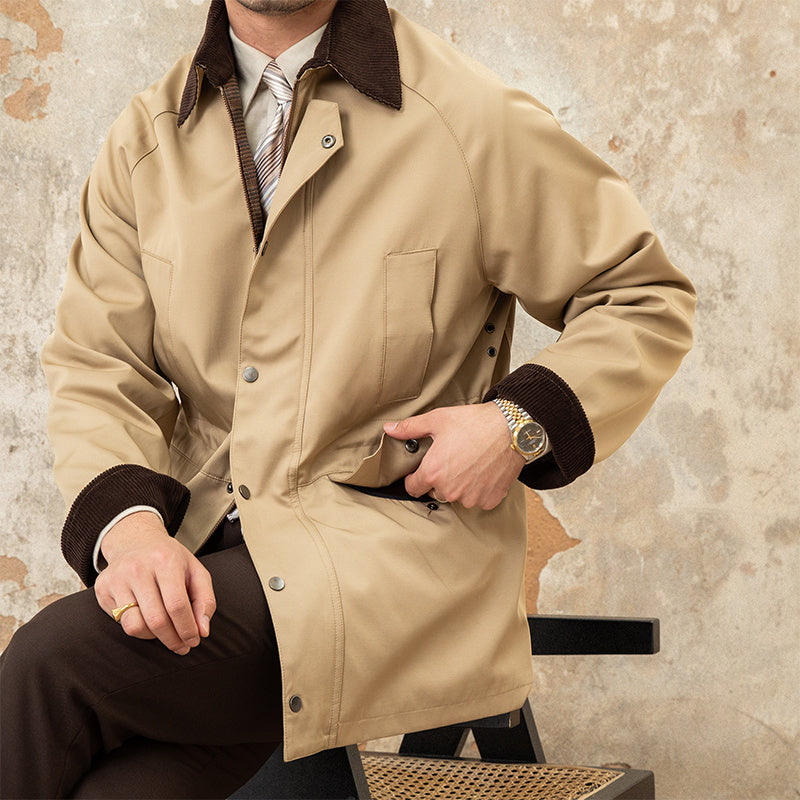 Retro Italian Corduroy Stitching Lapel Waterproof Jacket - WOMONA.COM