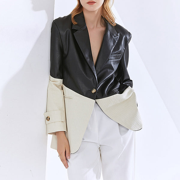 Ladies Loose Stitching PU Leather Suit Jacket - WOMONA.COM