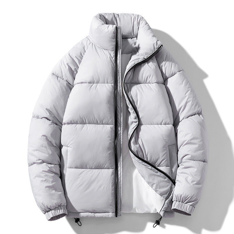 Men's quilted cotton stand-collar winter jacket, light gray, full-zip with ribbed cuffs