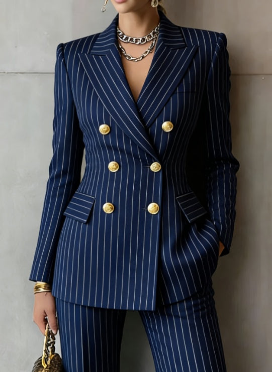 Women’s double-breasted pinstripe suit blazer with gold buttons and notched lapels