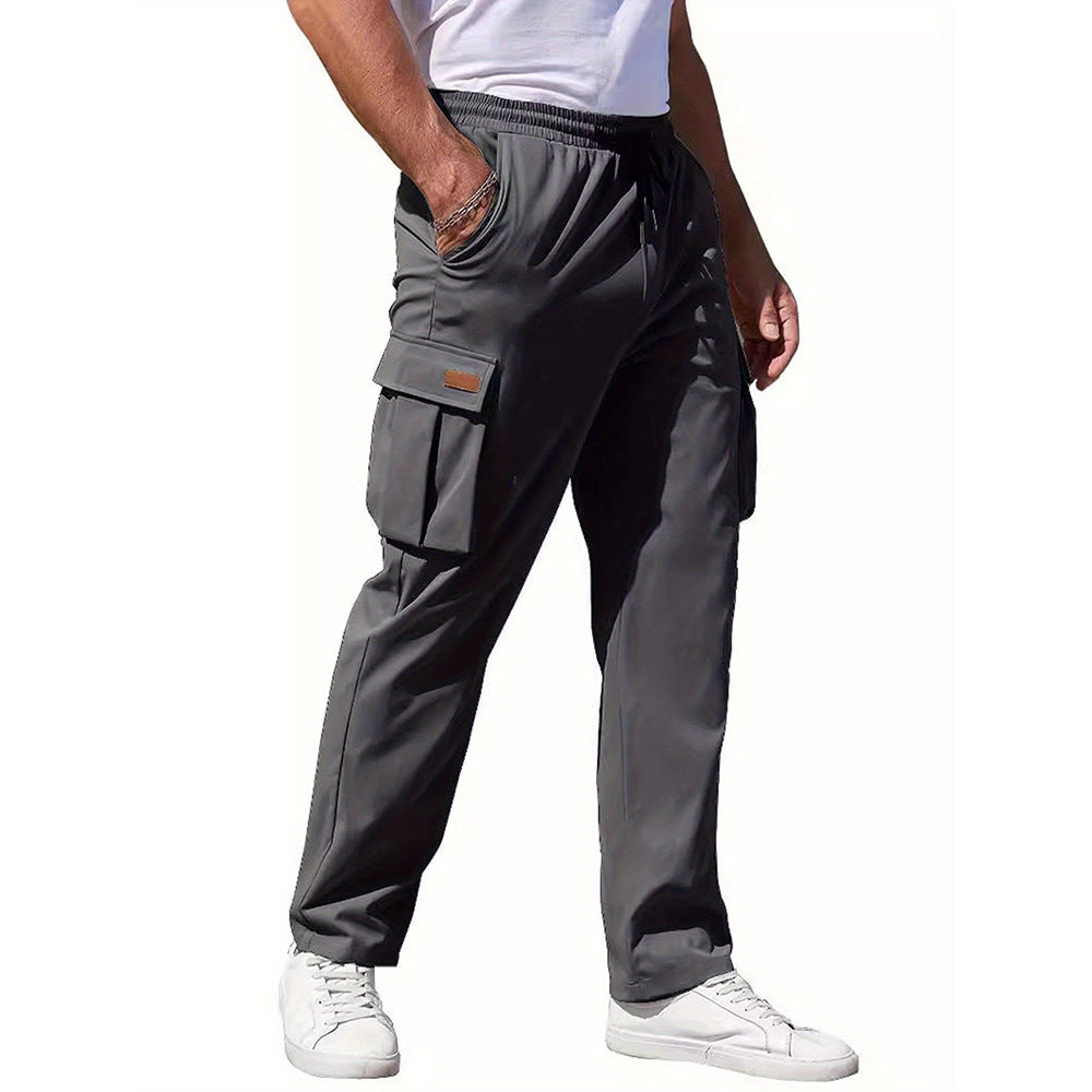 Men’s cargo drawstring pants in dark gray with large side cargo pocket and ankle cuffs.