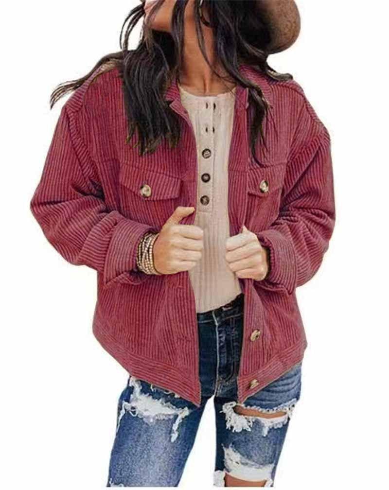 Women's solid color jacket in wine red, button front with chest pockets and snap cuffs