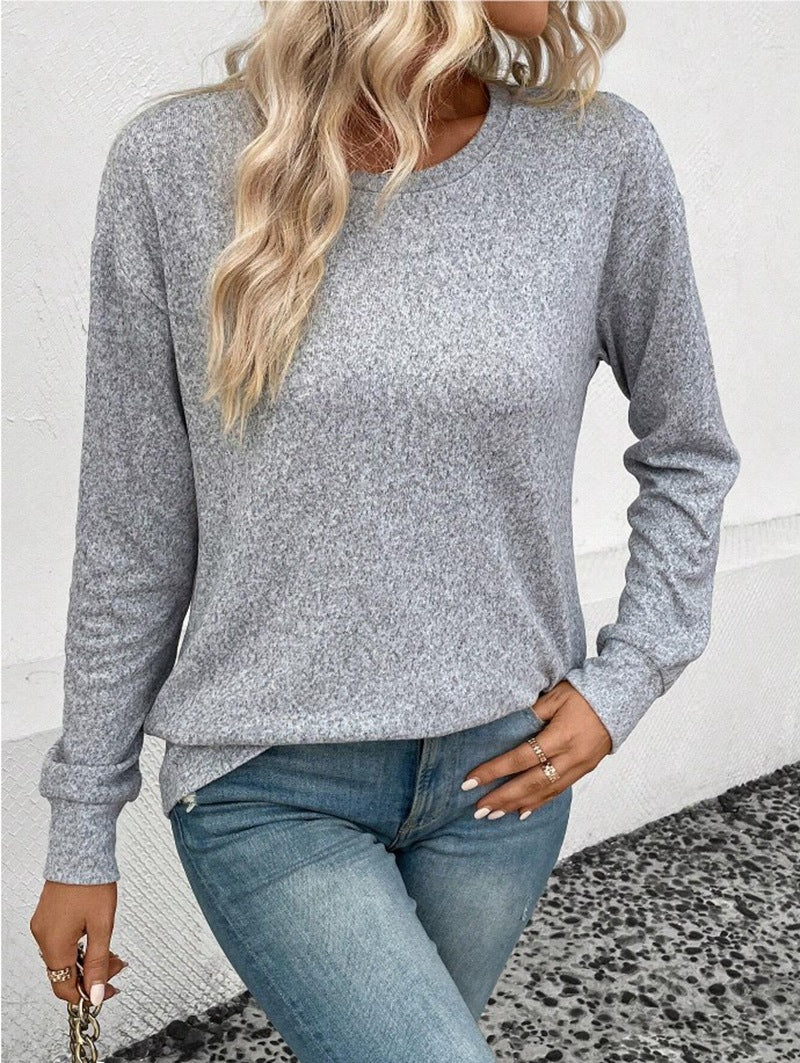 Casual Loose Solid Color Round Neck Sweater - WOMONA.COM