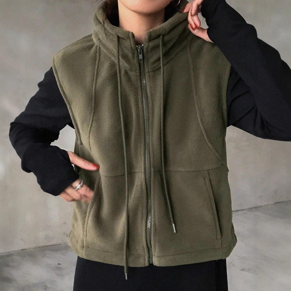 Army green zip-up sleeveless hoodie vest with front pockets and drawstring hem