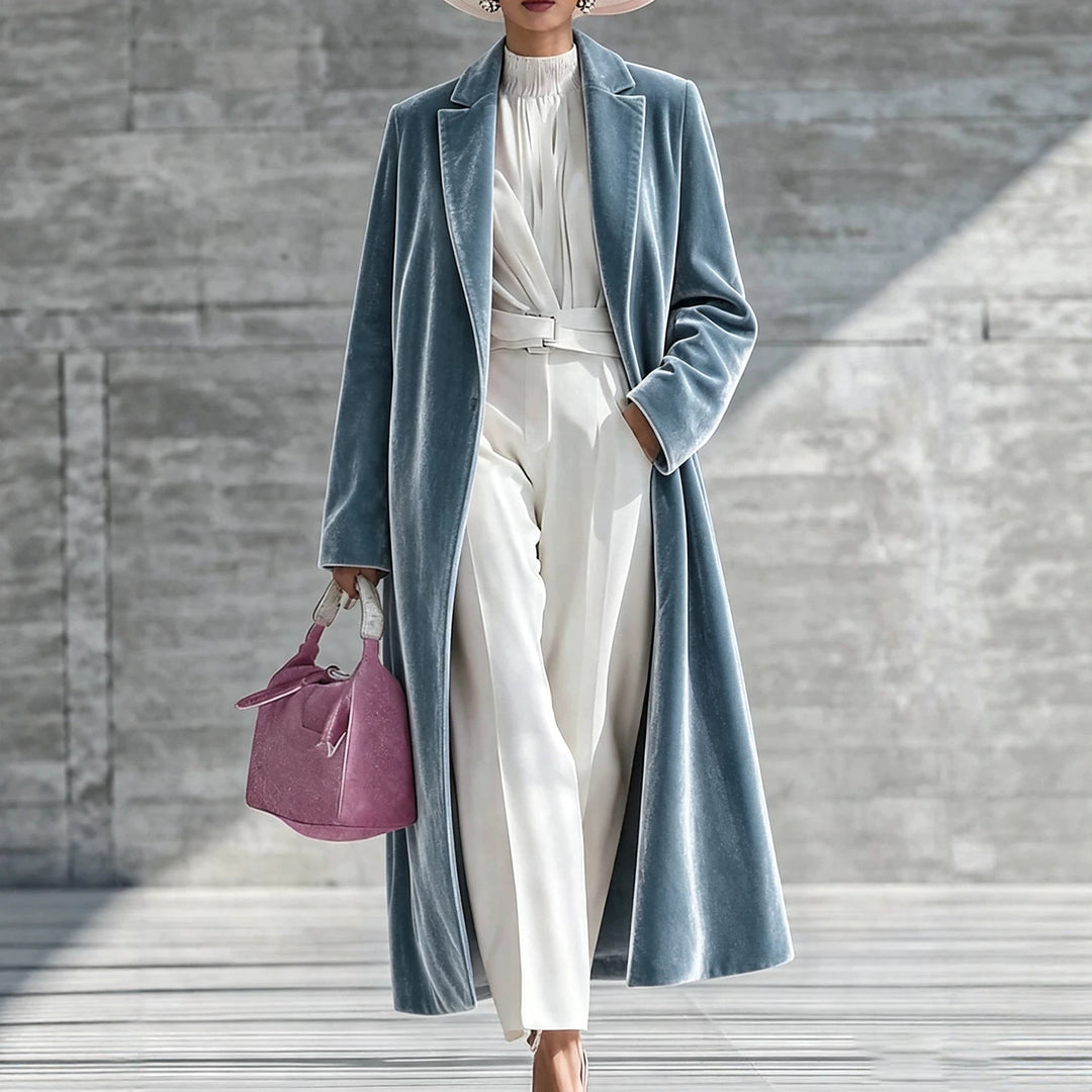Light blue velvet V-neck over-the-knee coat, long sleeves, open front.