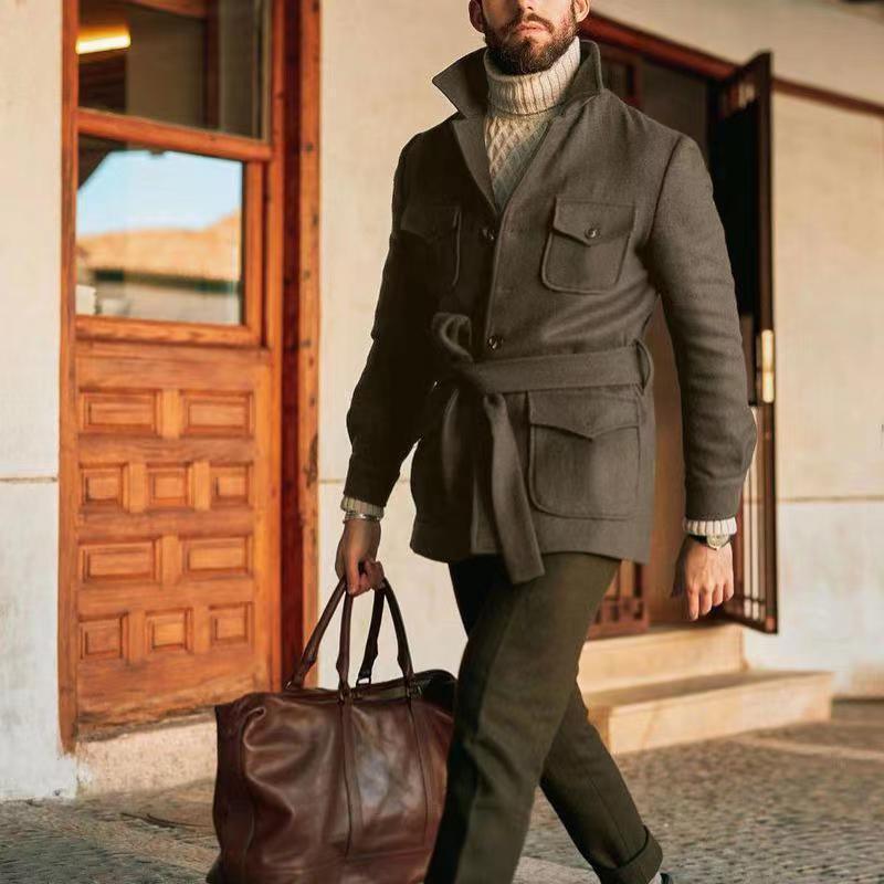 Men's dark gray wool slim-fit coat with belt tie and flap pockets, front view