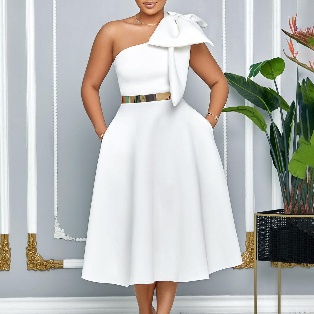 New Fashion Oblique Shoulder Bow Party Dress - WOMONA.COM