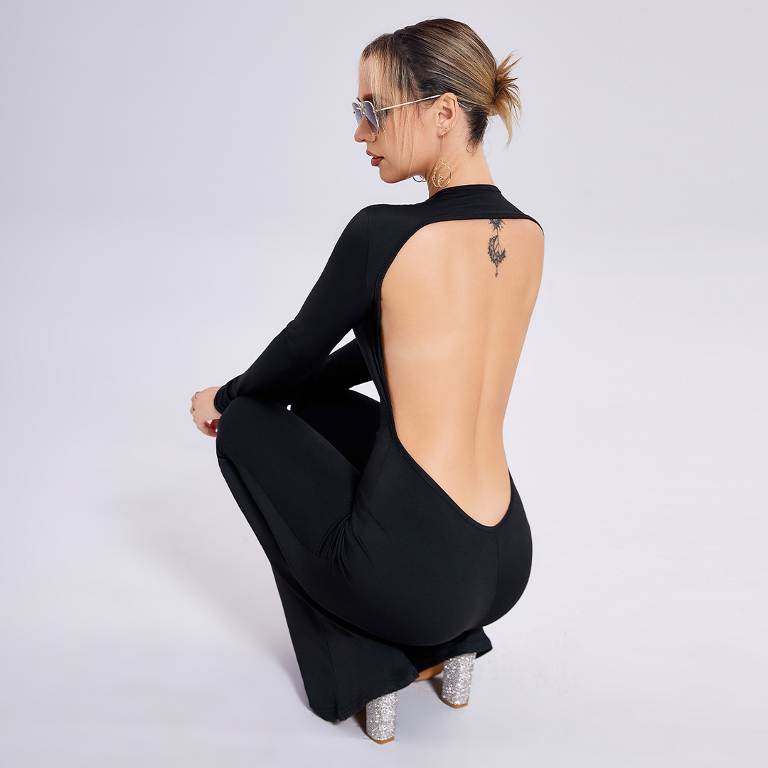 Black long-sleeve open-back slim-fit jumpsuit with straight legs, curved back cutout