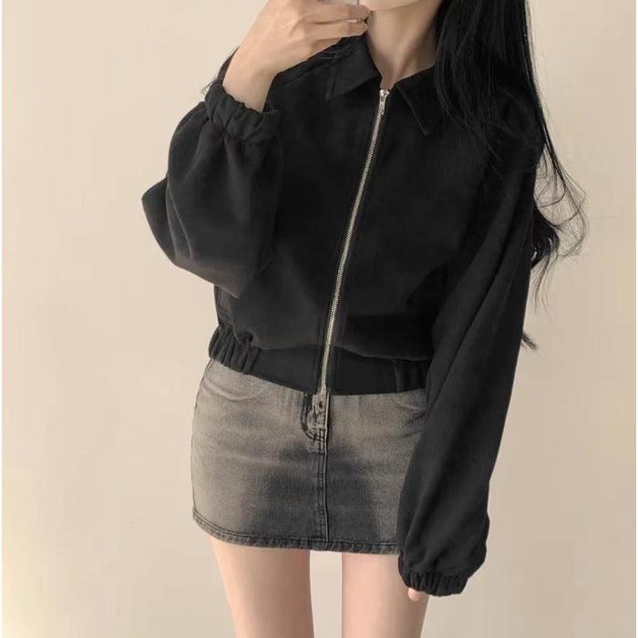 Black suede lapel zip-up jacket with stand collar and front zipper
