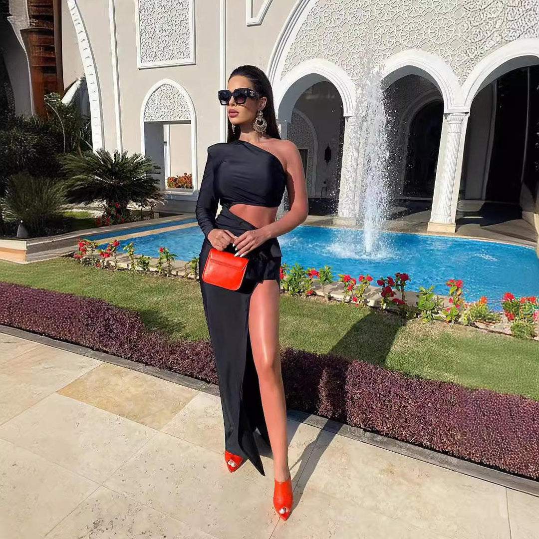Women's Long Sleeved Hollow Slit Elastic Sloping Shoulder Dress - WOMONA.COM