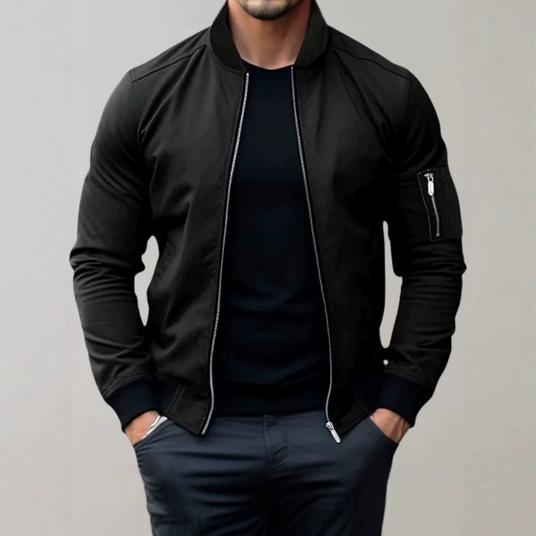 Men's aviator jacket in black with zip front and ribbed cuffs and collar